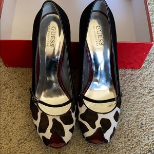 Guess cow print black suede heels
